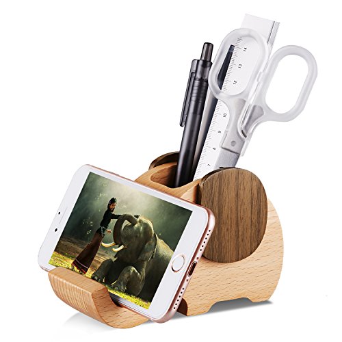 Book Cover AhfuLife Wooden Elephant Cell Phone Holder/Stand with Pen&Pencil Holder/Pot, Desk Decoration Multi-functional Supplies Stationery Organizer, Birthday Graduation Gift (Elephant Pen Pot)