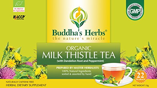 Book Cover Buddha's Herbs Organic Milk Thistle Tea, Blended with Dandelion Root and Peppermint, Supporting Digestive Health and Overall Wellbeing, No Caffeine Dietary Supplement, Pack of 2, 44 Tea Bags