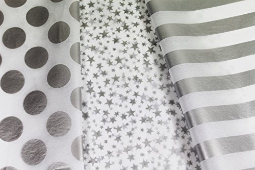 Book Cover Metallic Silver & White Gift Wrap Tissue Paper for All Occasions. 36-Pack Includes 12 Sheets Each of Polka Dot, Striped and Stars Patterns. Large 20 x 30 Squares, Silver Metallic and White