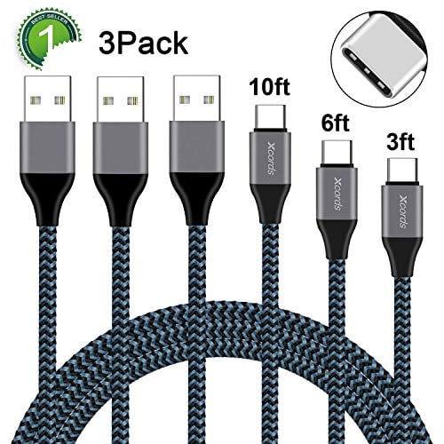 Book Cover USB Type C Cable, Xcords USB C Cable 3Pack 3FT 6FT 10FT USB C to USB A Nylon Braided Fast Charger Cord for Samsung Galaxy Note 9/8, S10,S9, S9 Plus,S8, LG G5 G6 V30, Google Pixel XL