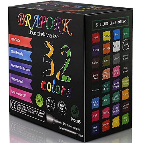 Book Cover Brapork Liquid Chalk Markers [ Pack of 32 Color ] - for Chalkboard Signs, Blackboards, Glass, Windows, Car Doodle