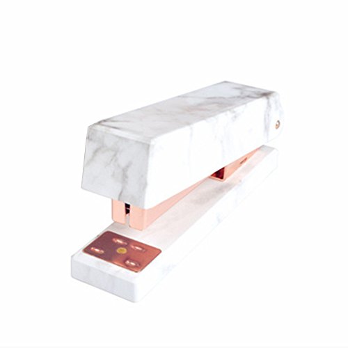 Book Cover White Marble Print ABS Stapler Heavy Duty, Desktop Staplers Rose Gold Tone Office Supplies with Non-Slip Base