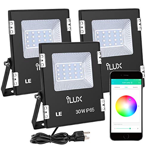 Book Cover LE iLUX Smart LED Flood Light, Outdoor Plug in, 30W RGB, IP65 Waterproof, Bluetooth Remote Control for iOS and Android, Color Changing with Music, Floodlights for Home, Garden, Balcony, Pack of 3