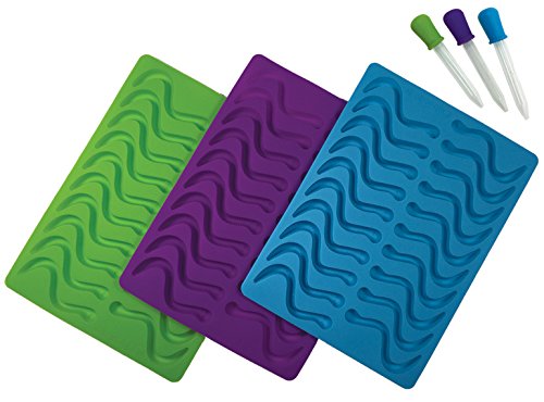 Book Cover Better Kitchen Products, 3 Piece, 20 Cavity Silicone Gummy Worm Molds with 3 Matching Droppers, Purple, Aqua and Lime