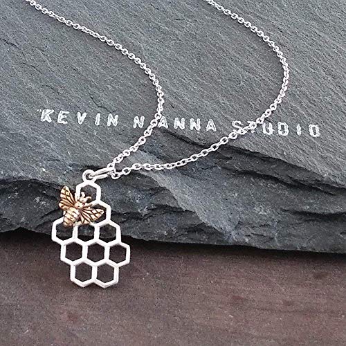 Book Cover Sterling Silver Honeycomb Charm with Bronze Bee Necklace, 18