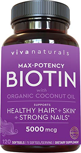 Book Cover Biotin 5000mcg - Support for Healthy Hair Skin Nails, High Potency Biotin Made with Organic Coconut Oil, 120 softgels