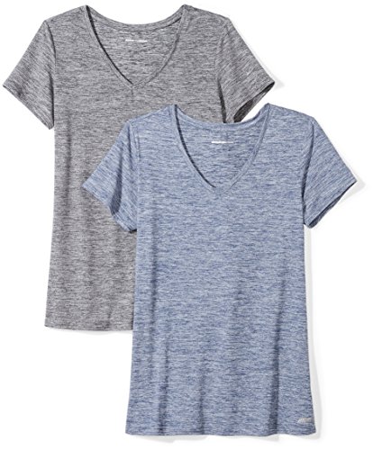 Book Cover Amazon Essentials Women's 2-Pack Tech Stretch Short-Sleeve V-Neck T-Shirt