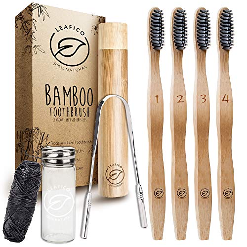 Book Cover LEAFICO Bamboo Toothbrush with Travel Case - Dental Floss - Tongue Scraper - Premium Eco-Friendly Toothbrushes - Charcoal Infused Soft Bristles for Natural Whitening - BPA Free - Vegan Zero Waste Gift