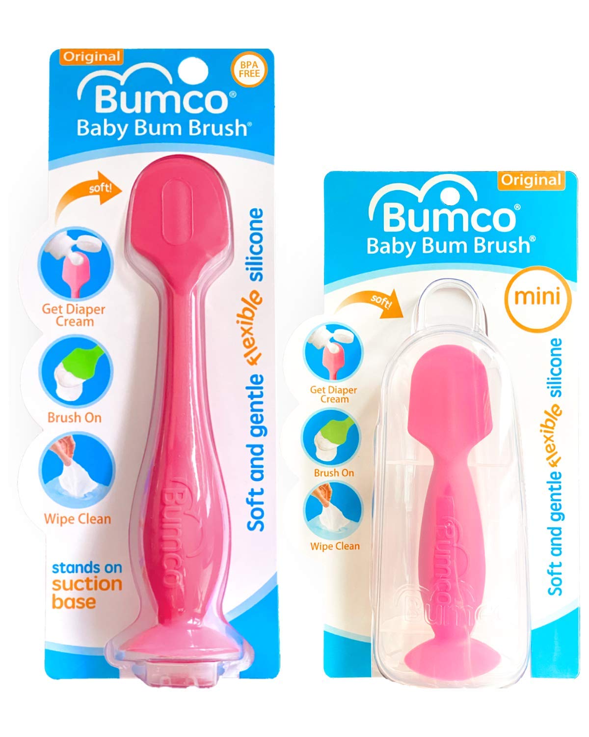 Book Cover Bumco 2-PACK Diaper Cream Spatula - FULL-SIZE + MINI Baby Bum Brush with TRAVEL CASE - Diaper Cream Applicator for Baby - Baby Necessities - Suitable for Aquaphor, Desitin - Pink Full-size + Mini Pink + Pink