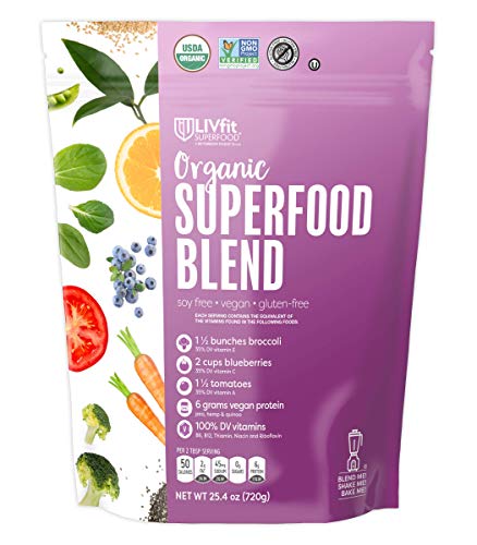 Book Cover LIVfit Superfood Organic Superfood Blend Powder 720 Gram, 6g of Vegan Protein per Serving, Add to Morning Smoothies Fruit Shakes or Juices, Vegan, Soy- Gluten-Free