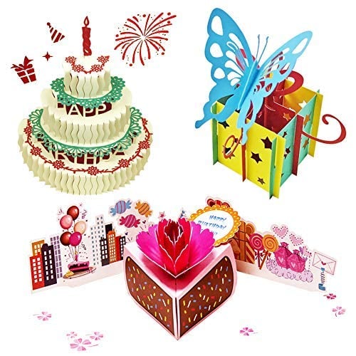 Book Cover BOUTIQUE_GOODS 3D Pop Up Birthday Cards Greeting Handmade & Envelopes for Sister, Mom, Wife, Kids, Boy, Girl, Friend (4 Pack)