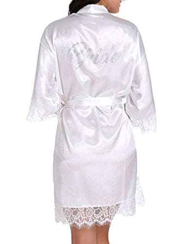 Book Cover WPFING Bride Robes White Lace Bridal Party Robes Rhinestone Satin(Bride White Lace,XL)