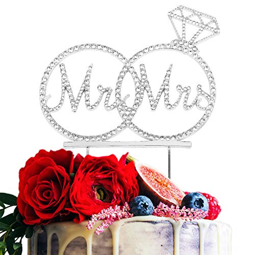 Book Cover Mr & Mrs Cake Topper For Wedding Anniversary Rings Crystal Rhinestone Party Decoration (Silver)