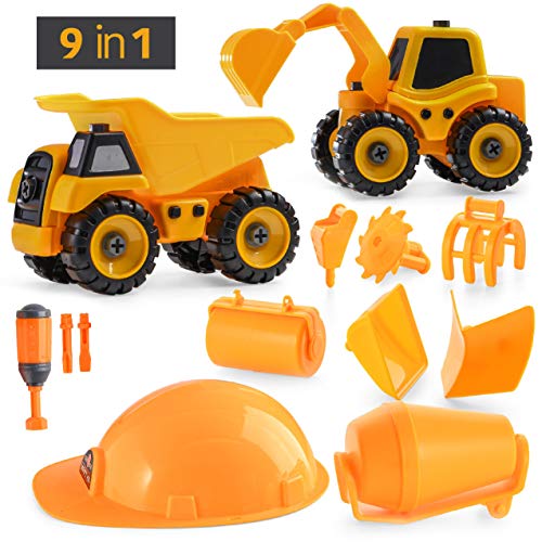 Book Cover Prextex DIY 9-in-1 Construction Vehicle Set (29 Pieces), Build-It-Yourself Take-Apart Excavator Mixer and Dump Truck Toy with Tools For Boys