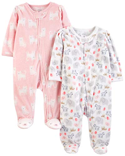 Book Cover Simple Joys by Carter's Baby Girls' Fleece Footed Sleep and Play, Pack of 2, Pink Cat/White Animal, 0-3 Months
