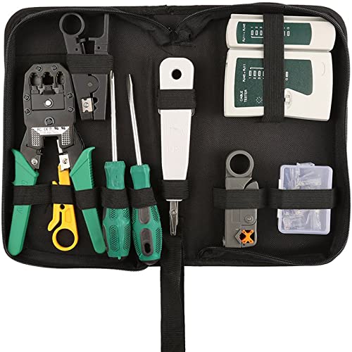Book Cover Network Tool Kits Professional Computer Maintenance LAN Cable Tester 9 in 1 Repair Tools RJ45 Crimp Tool, 8P8C RJ45 Connectors, Cable Tester, Screwdriver, stripping pliers Tool Set