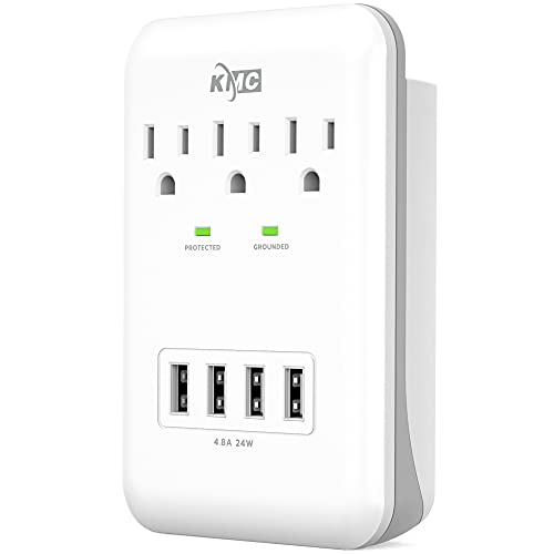Book Cover KMC 3-Outlet Wall Mount Surge Protector 900 Joules with 4.8 AMP USB Charging Ports, 4 USB Charging Ports and 1 Phone Holders for Home, School, Office, ETL Certified