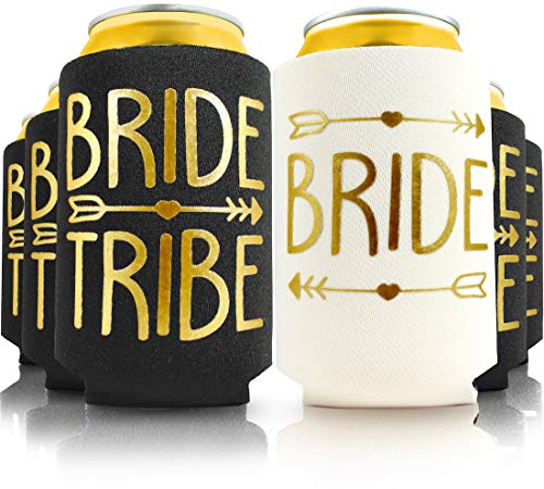 Book Cover 6pc Set. Bride Tribe and Bride Drink Coolers for Bachelorette Party, Bridal Shower and Wedding. 4mm Thick Bottle Sleeves, Can Coolies, Beverage Insulators (6pc Set, Black & Gold)