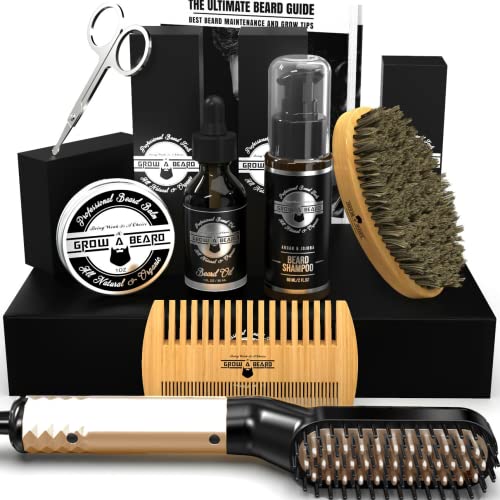 Book Cover Beard Straightener Grooming Kit for Men, Beard Growth Kit, Beard Wash, Brush & Comb, Unscented Growth Oil, All Natural Chanel Balm, Conditioner, Razor and Scissors, Great Gift for Christmas