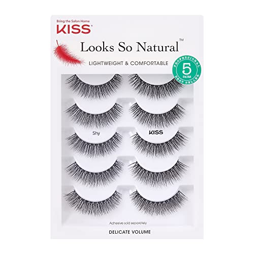 Book Cover KISS Looks So Natural False Eyelashes Multipack, Lightweight & Comfortable, Tapered End Technology, Reusable, Cruelty-Free, Contact Lens Friendly, Style 'Shy', 5 Pairs Fake Eyelashes