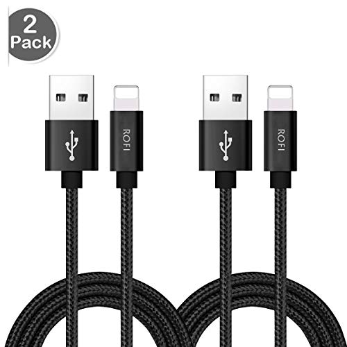 Book Cover RoFI Compatible iPhone Cable, [2Pack] 2FT Nylon Braided Fast Charging USB Cord Replcement for iPhone X 8 8 Plus 7 7 Plus 6s 6s Plus 6 6 Plus 5 5S 5C SE iPad Air Mini and iPod (2 Pack Black, 2 FT)