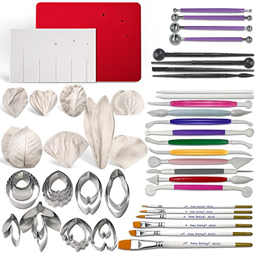 Book Cover Gum Paste Flowers and Leaves Fondant Tools Kit-8set Metal Flower Cutter 6set Veining Silicone Molds 1 Veining Board 1 Foam Pad 7 Modelling Tools 6 Brushes 4 Ball Tools 4 Frilling Sticks 2 Cake Carved
