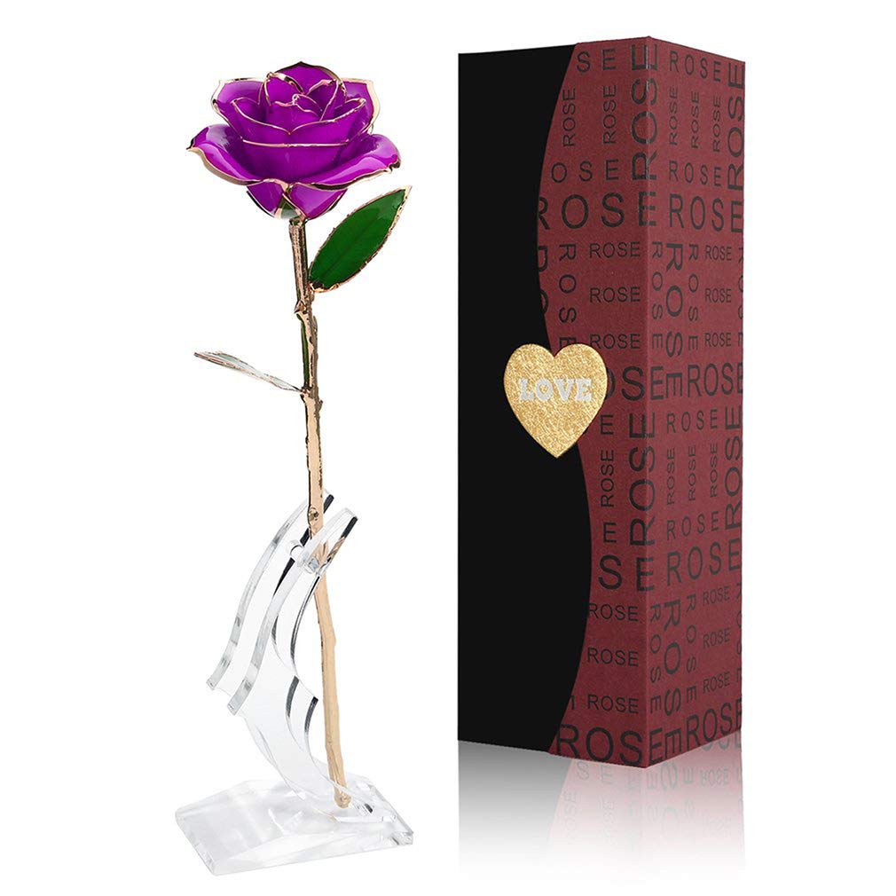 Book Cover Gold Rose 24K Artificial Flowers, Forever Gold Plated Rose Dipped Rose with Transparent Stand Best Gift for Lover, Mother, Girlfriend, Valentines Day, Mothers Day, Anniversary, Wedding, Birthday Gift Purple