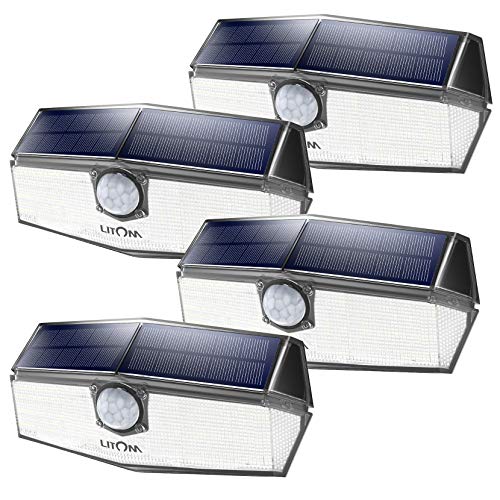 Book Cover LITOM 120 LED Solar Lights Outdoor, upgraded Solar Panel with 3 Optional Modes and 270Â°Wide Angle, IP67 Waterproof, Portable Solar Powered Security Light 4 Pack