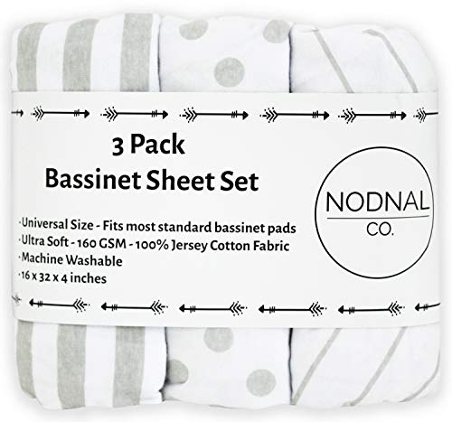 Book Cover NODNAL CO. Bassinet Fitted Sheet Set 3 Pack 100% Jersey Gray Cotton for Baby Girl/Boy - Grey Chevron, Polka Dot and Stripe 160 GSM Sheets