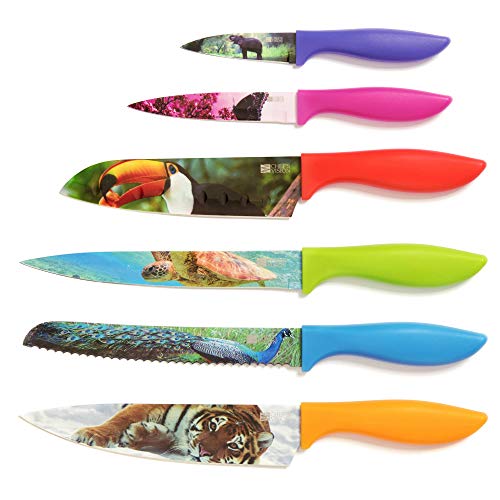 Book Cover Wildlife Kitchen Knife Set in Gift Box - Cool Gifts for Animal Lovers - 6-Piece Colorful Chefs Knives Set - Unique Gift Idea for Home, Wedding Gifts for Couple, Housewarming Gifts for Hostess