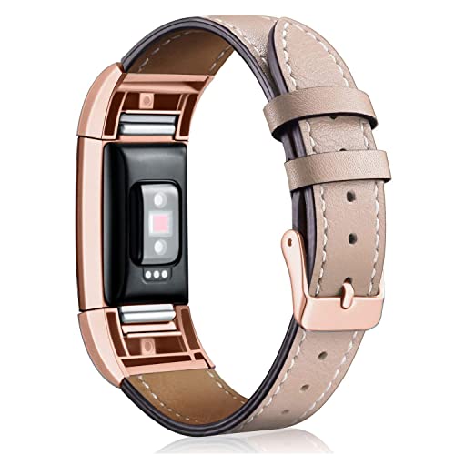 Book Cover Mornex Replacement Leather Band Compatible with Fitbit Charge 2, Classic Genuine Leather Wristband for Men Women(Beige-Rosegold Buckle)