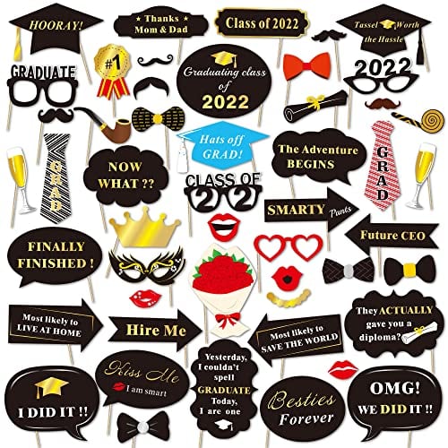 Book Cover Graduation Photo Booth Props (50Count), Konsait Large Graduation Photo Props Class of 2022 Grad Decor with Sticks for Kids Boy Girl, Black and Gold, for Graduation Party Favors Supplies Decorations
