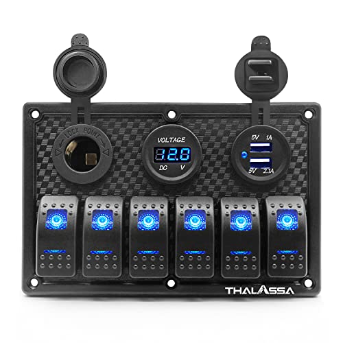Book Cover THALASSA 6 Gang Waterproof Marine Boat Rocker Switch Panel with Blue Digital Voltage Display, 3.1A Dual USB Outlet, Cigarette Lighter Port with 15A Fuse for RV Car Truck Rv Vehicles Yacht