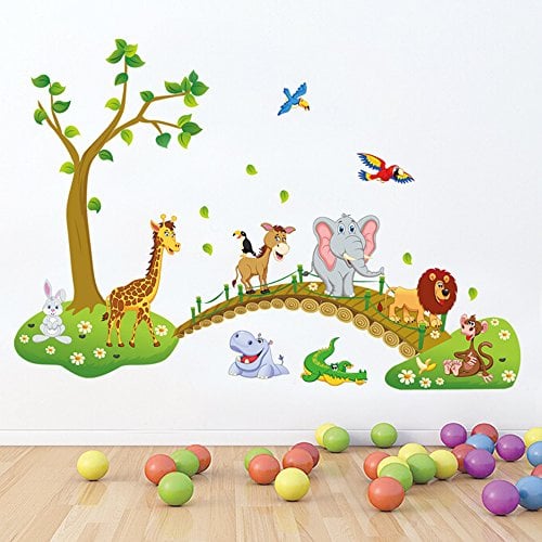 Book Cover decalmile Jungle Animals Tree Wall Stickers Lion Giraffe Elephant Walking on Bridge Wall Decals Kids Room Baby Room Nursery Bedroom Wall Decor(Finished Size: 48.8 Inch x 31 Inch)