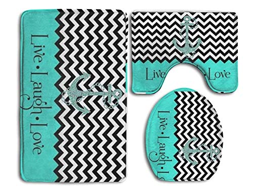 Book Cover Princekling Live Love Laugh in Turquoise Colorblock Chevron with Anchor 3-Piece Soft Bath Rug Set Includes Bathroom Mat Contour Rug Lid Toilet Cover Home Decorative Doormat