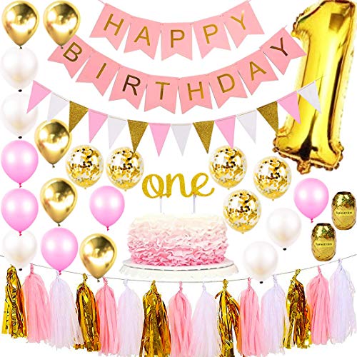 Book Cover 1st Birthday Girl Decorations Premium Party Supplies | Baby Princess First Pink Gold Girls Theme Kit | 1 Year Cake Topper, Happy Bday Banner Number Balloons | Dog, Pig, Cat, Minnie, Bunny, Bambi Set