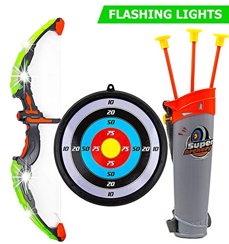 Book Cover Toysery Bow and Arrow for Kids with LED Flash Lights - 13-inch Archery Bow with 3 Suction Cups Arrows, Target, and Quiver - Practice Outdoor Toys for Children Above 3 Years of Age