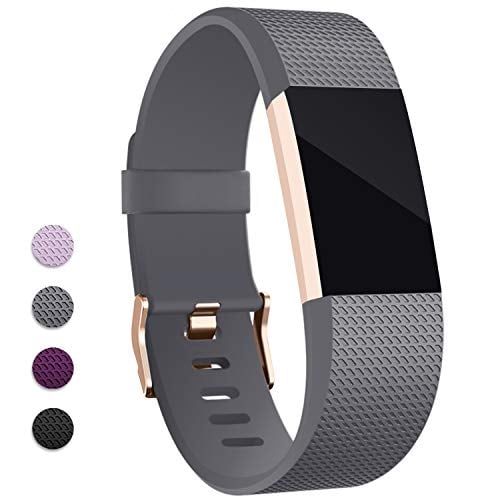 Book Cover Hotodeal Band Compatible with Fitbit Charge 2 Band, Classic Soft TPU Adjustable Replacement Bands Fitness Sport Strap, Rose Gold Buckle, Small Grey