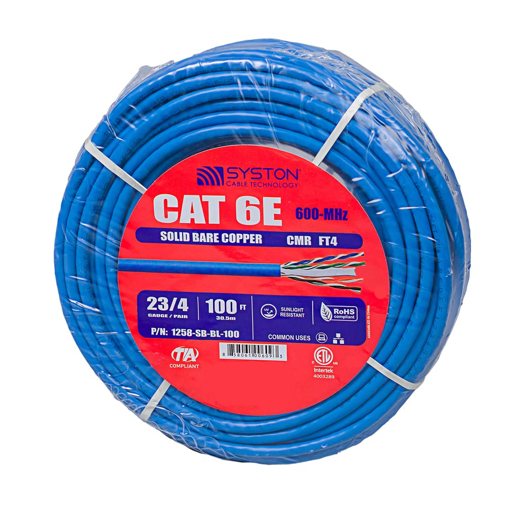 Book Cover Syston Cable Technology Cat 6E Ethernet Network Cable - 100 FT，600MHz 23AWG Solid Bare Copper Wire Outdoor/Indoor, Bulk No Ends 10 Ft to 1000 Ft Available, Heat Resistant Riser Rated - CMR 100 FT Bulk Blue CMR