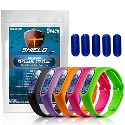 Book Cover SHIELD Mosquito Repellent Bracelet 100% Natural Insect & Bug Protection, Water Resistant Silicone DEET-FREE Plant-Based Oil Band (5 PACK - All Colors)
