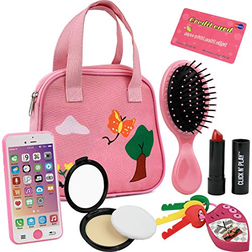 Book Cover Click n' Play CNP0053 8 Piece Girls Pretend Play Purse, Including a Smartphone, Car Keys, Credit Card, Lipstick, Lights up and Make Real Life Sounds