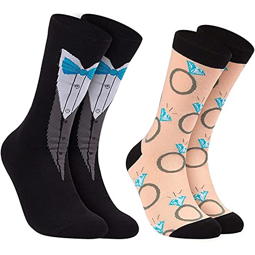 Book Cover 2 Pairs Bride and Groom Wedding Socks, Novelty Tuxedo and Diamond Ring Designs, One Size