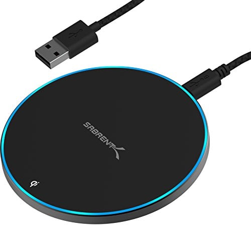 Book Cover Sabrent 10W qi Wireless Fast Charger Charging Pad, Universally compatible with all qi enabled phones [AC Adapter Not Included] Black (WL-QIFC)
