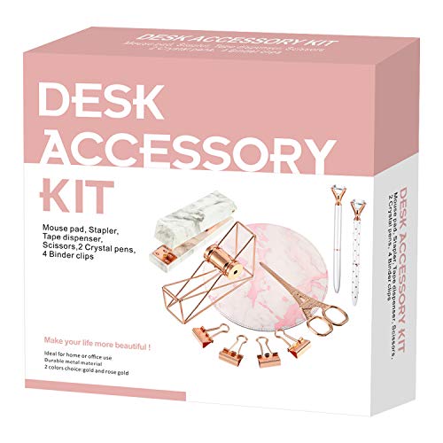 Book Cover TOODOO Desk Accessory Organization Kit, Set of Stapler, Mouse Pad, Tape Dispenser, Crystal Pens, Scissors and More Table Accessaries (Rose Gold, 10 Pieces)