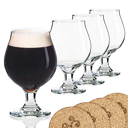 Book Cover ECODESIGN-US Beer Glass Belgian Style Stemmed Tulip - 16 oz Lambic Beer Glasses - set of 4 w/coasters