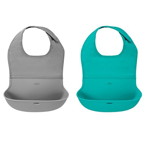 Book Cover OXO Tot 2-Piece Waterproof Silicone Roll Up Bib with Comfort-Fit Fabric Neck, Gray/Teal