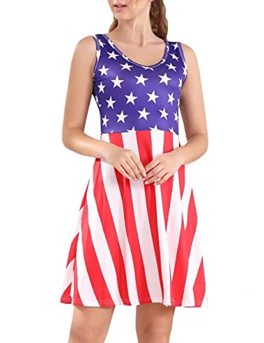 Book Cover Melynnco Womens American Flag Dress 4th of July Stars Stripes V Neck Fit and Flare Tank Sundresses Casual Summer