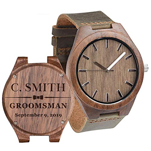 Book Cover Custom Engraved Wooden Watches for Men Personalized Groomsmen Watches Anniversary Birthday Watch for Husband Boyfriend Dad Him Leather Strap Double-Sided
