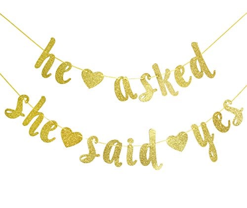 Book Cover Qttier He Asked She Said Yes Gold Glitter Banner - Wedding, Engagement, Bridal Shower Party Decorations