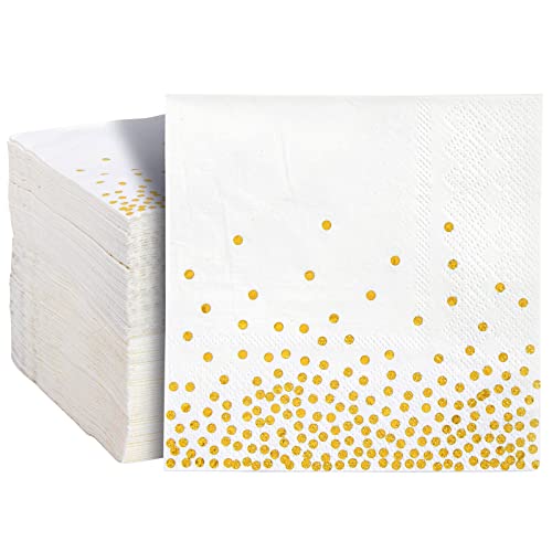 Book Cover 100 Pack Disposable White and Gold Paper Cocktail Napkins for Wedding Reception, Polka Dot Party Supplies (5 x 5 In)